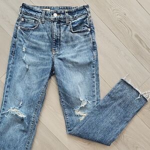 Anthropologie Pilcro The Vintage Straight Distressed Denim High Rise Jeans Sz 25